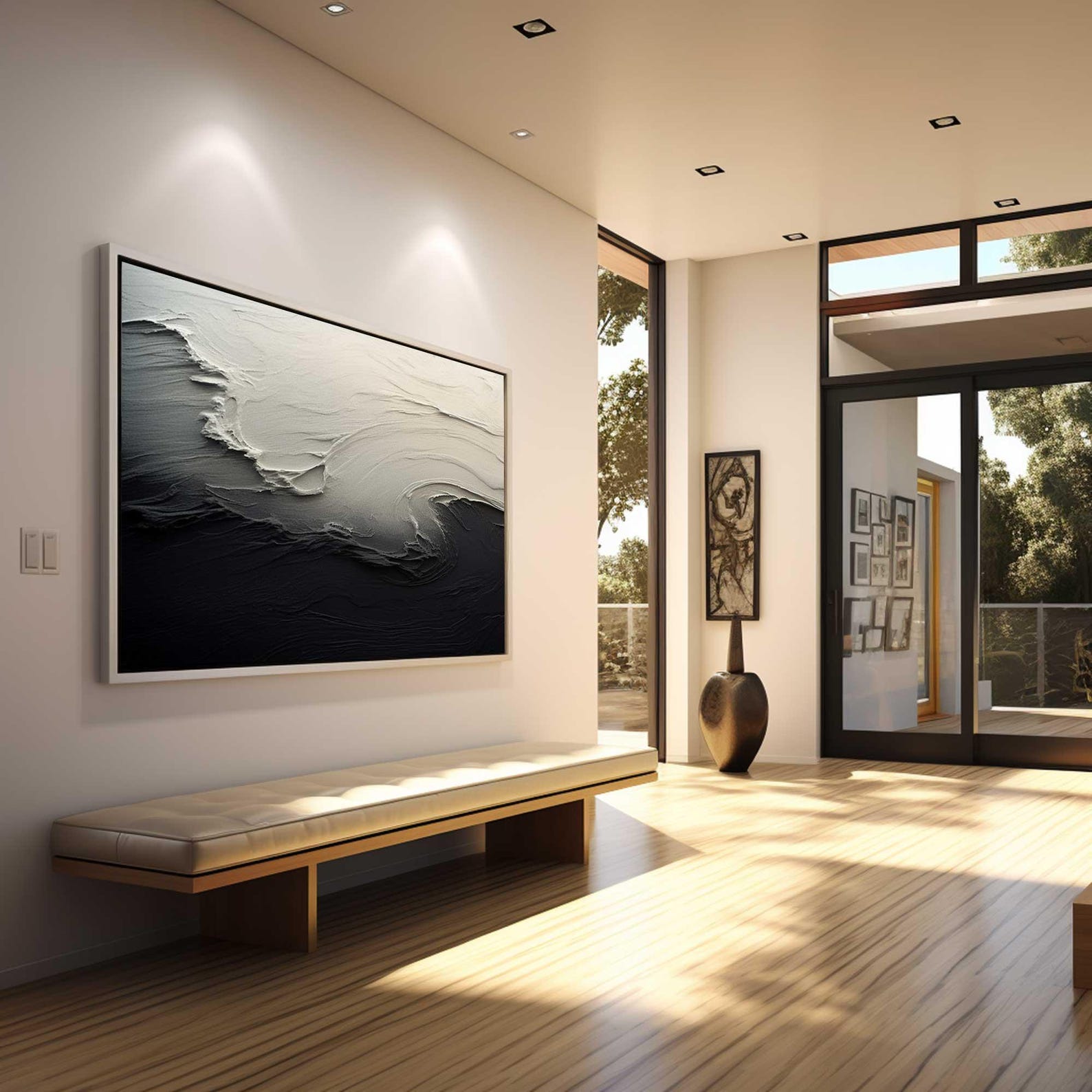 لوحة فنية جدارية تجريدية بسيطة باللون الأسود بنمط أبيض محكم #OP074