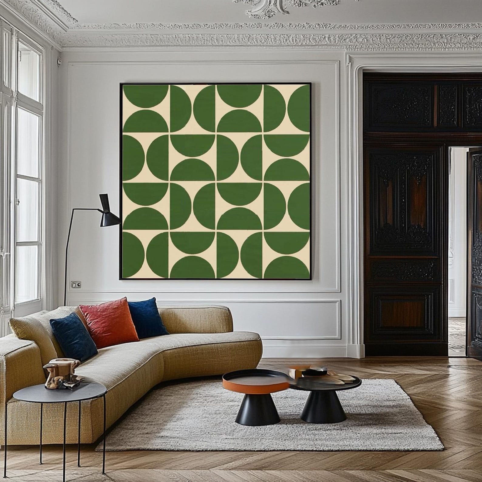 Green Geometric Wall Art – Mid Century Modern Abstract Canvas for Living Room #MM463