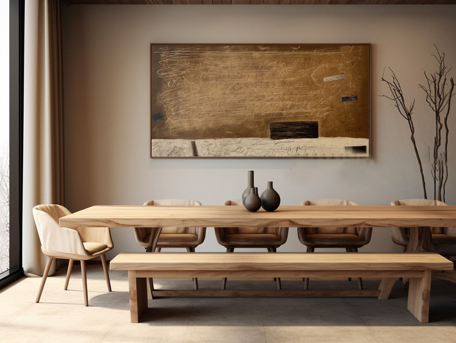 لوحة فنية جدارية تجريدية كبيرة الحجم ذات علامات بنية اللون #MM296