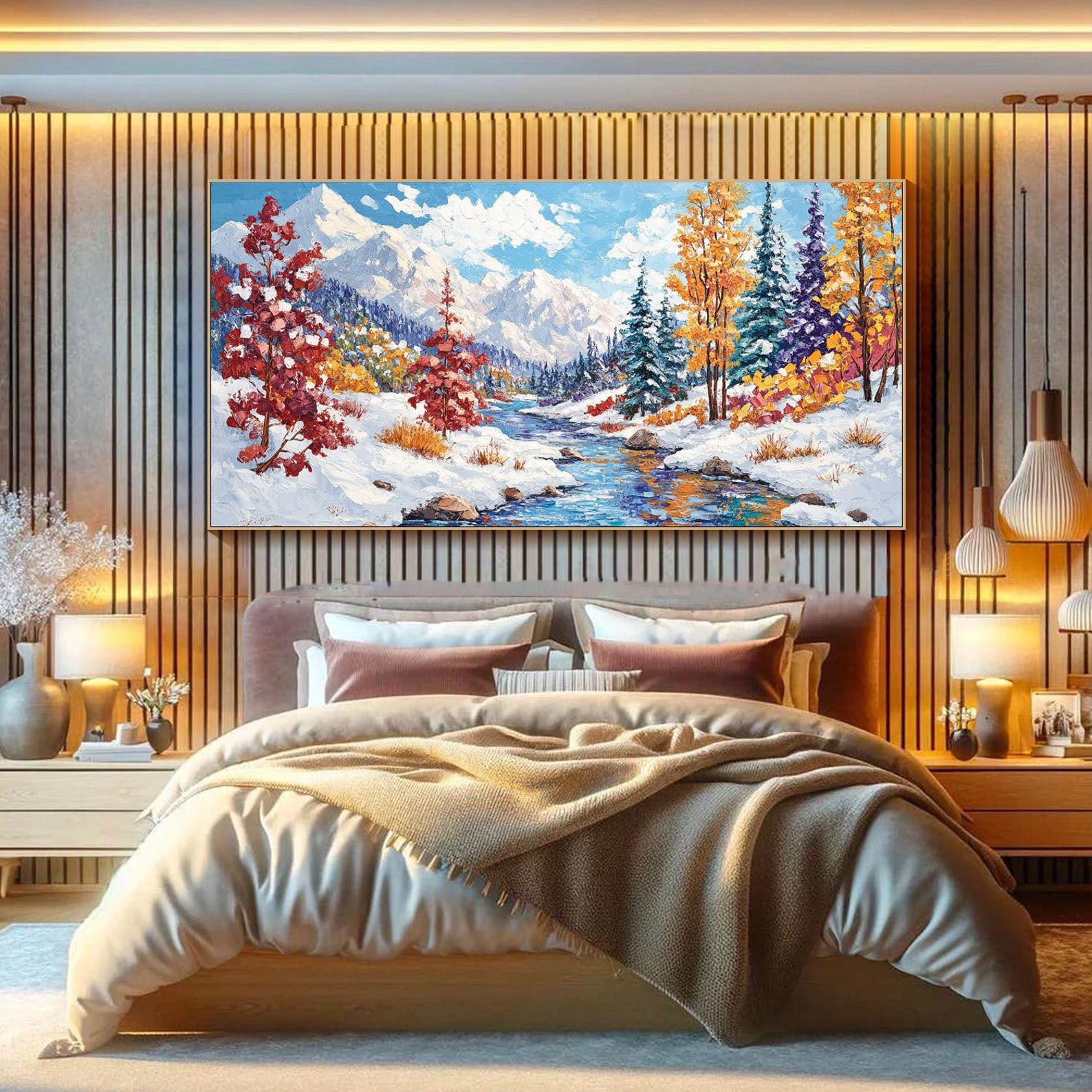 Colorful Winter Landscape, Textured Mountain Scene Wall Art #MM323