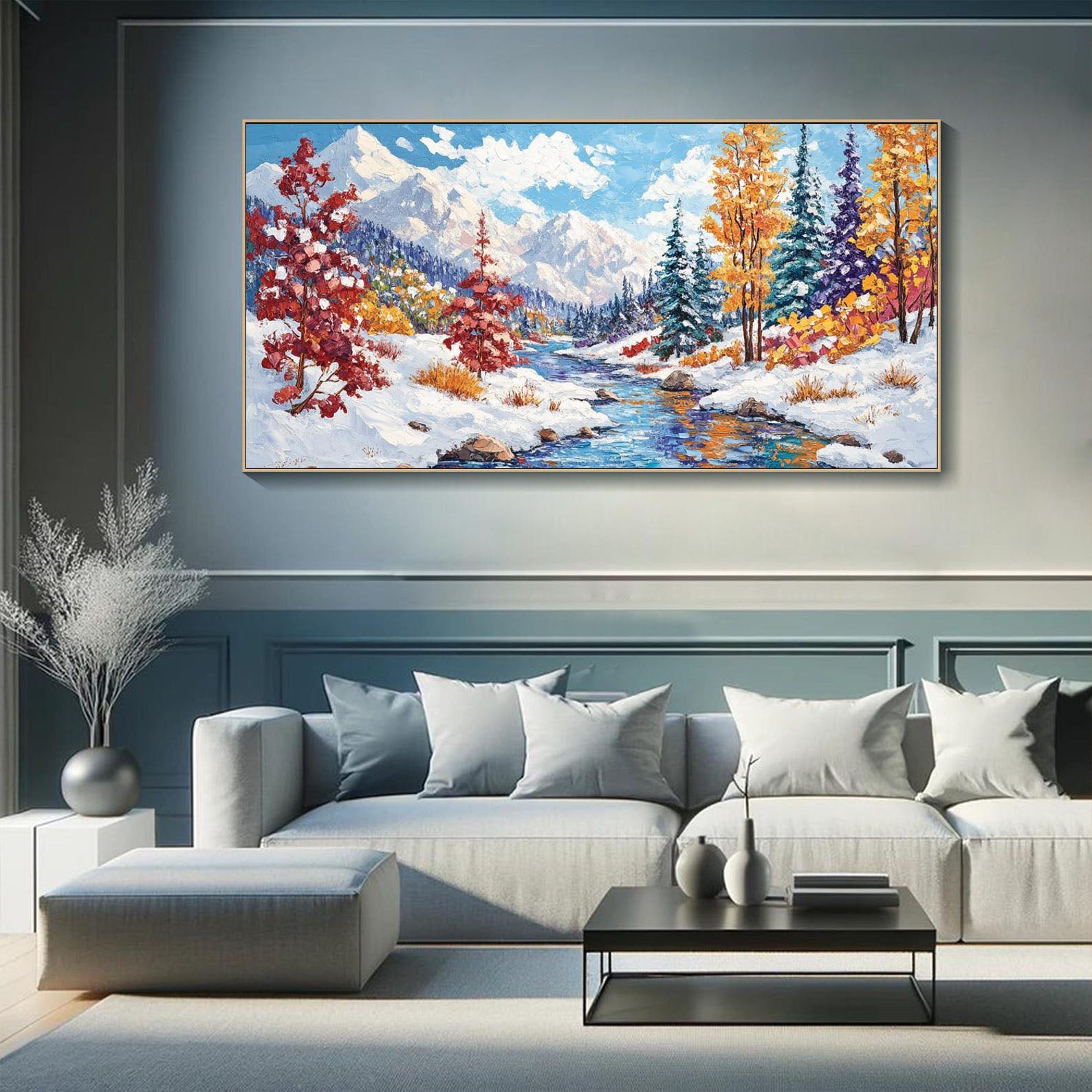 Colorful Winter Landscape, Textured Mountain Scene Wall Art #MM323