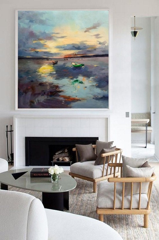 Seascape Sunset Oil Painting: Original Boat Art for Coastal Decor #MM494