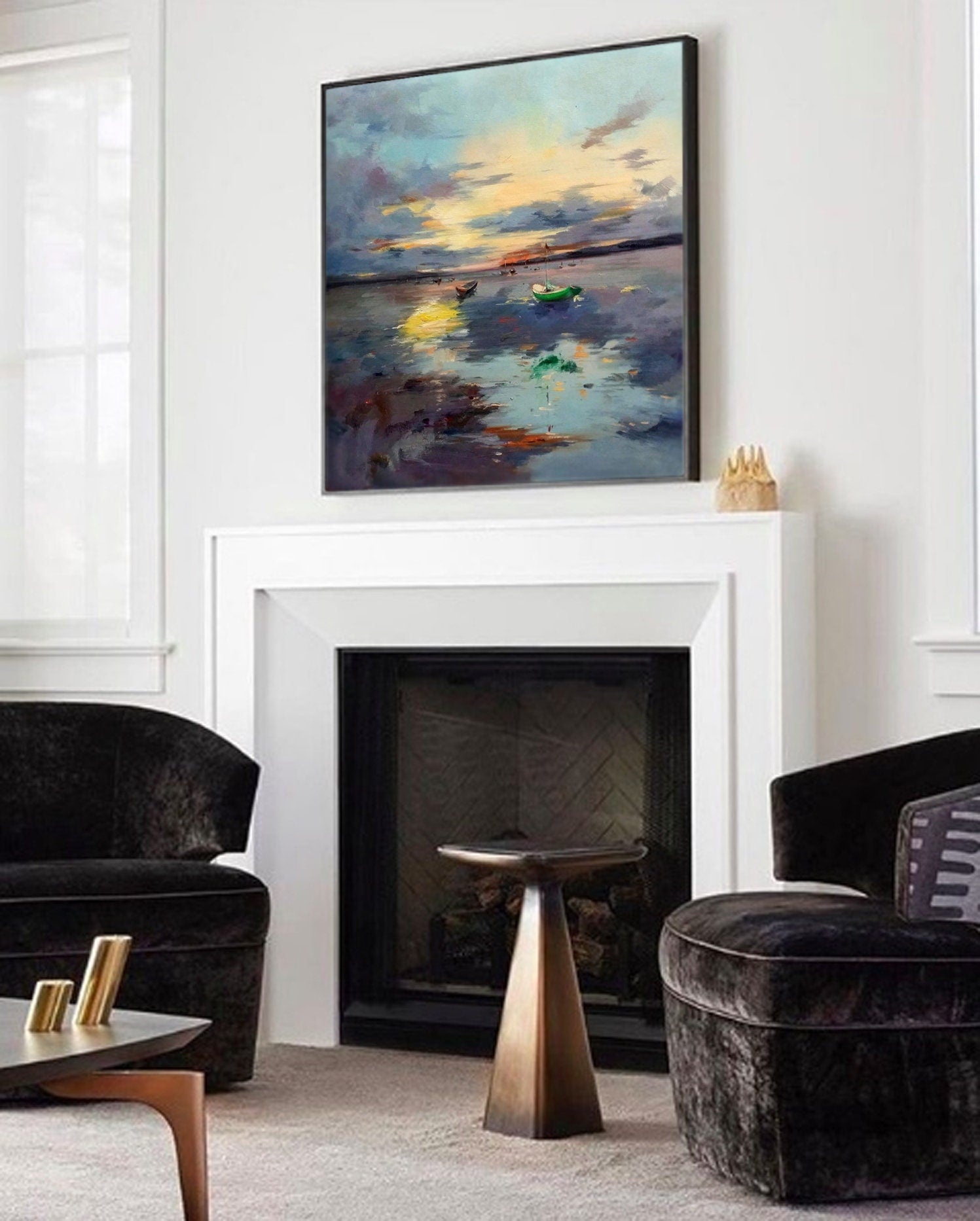Seascape Sunset Oil Painting: Original Boat Art for Coastal Decor #MM494