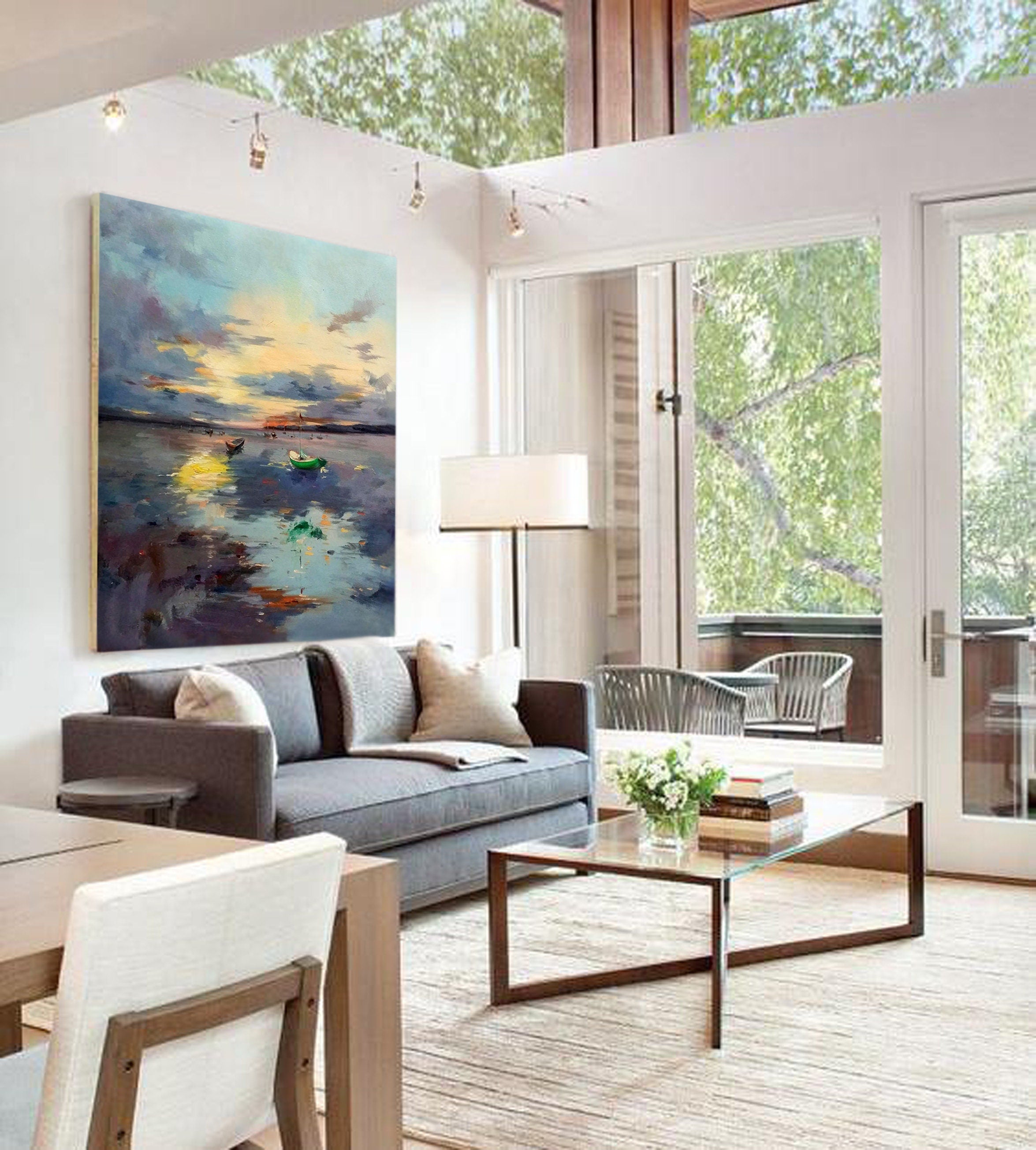 Seascape Sunset Oil Painting: Original Boat Art for Coastal Decor #MM494