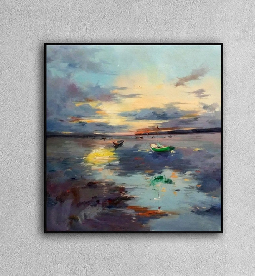 Seascape Sunset Oil Painting: Original Boat Art for Coastal Decor #MM494