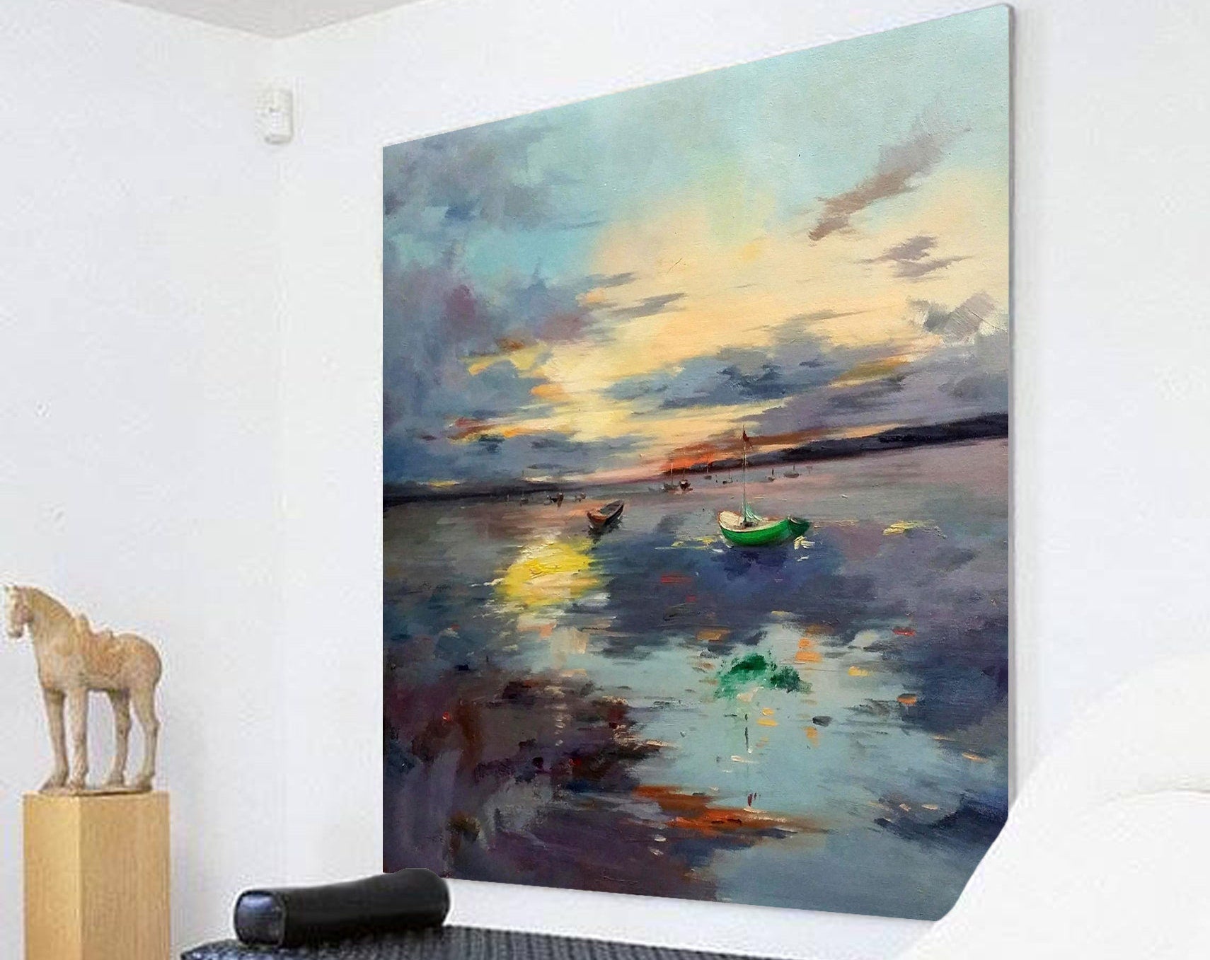 Seascape Sunset Oil Painting: Original Boat Art for Coastal Decor #MM494