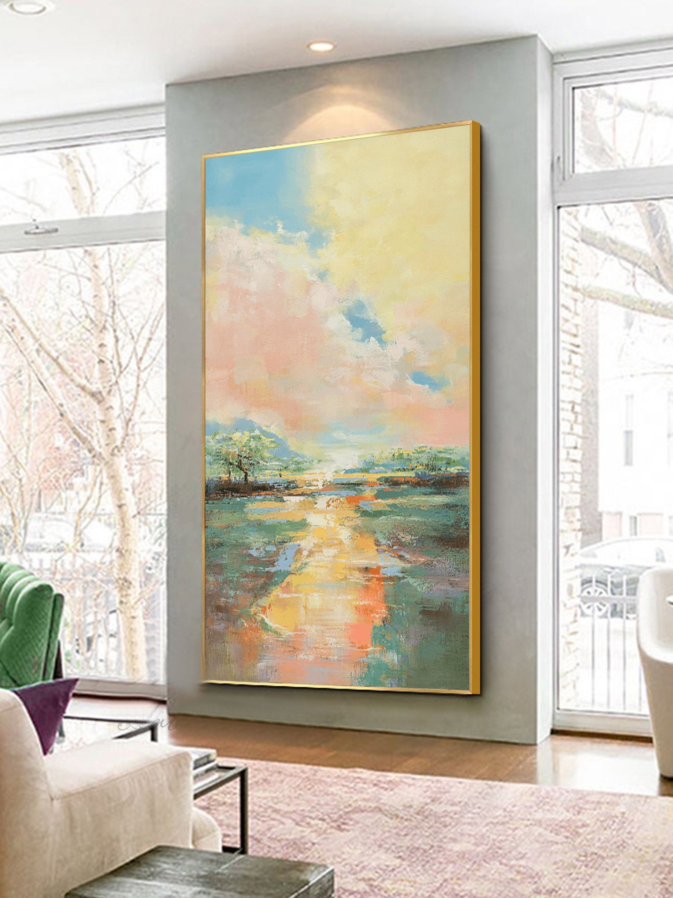 Sunset Landscape Canvas – Abstract Pastel Wall Art for Living Room Decor#MM468