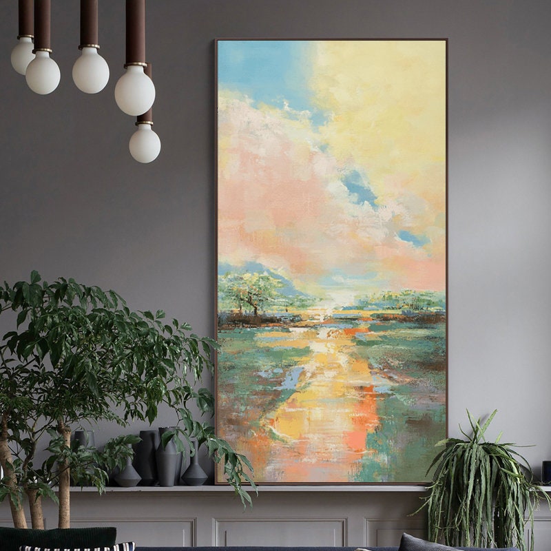Sunset Landscape Canvas – Abstract Pastel Wall Art for Living Room Decor#MM468