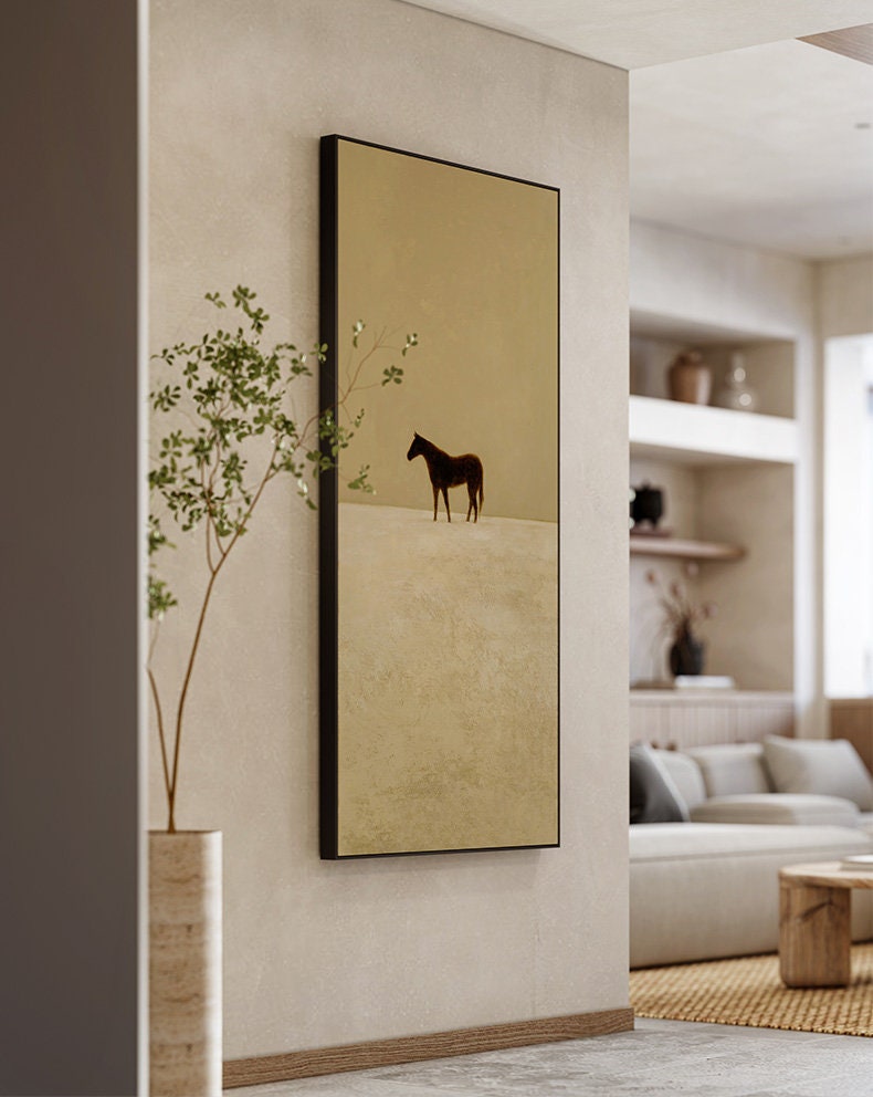 Minimalist Neutral Horse Painting – Beige and Taupe Wall Art on Canvas #MM465