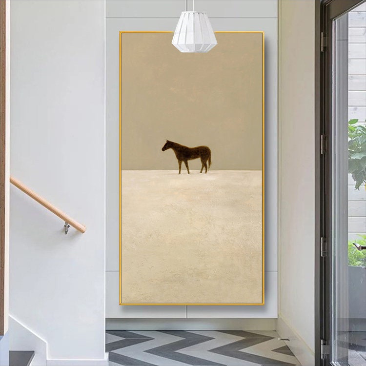 Minimalist Neutral Horse Painting – Beige and Taupe Wall Art on Canvas #MM465
