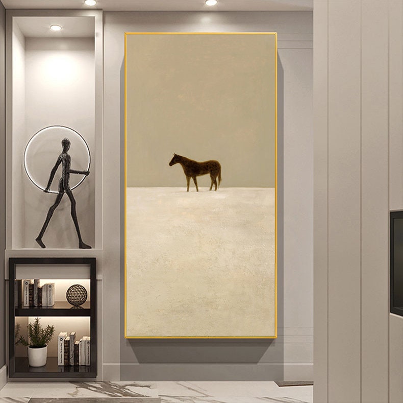Minimalist Neutral Horse Painting – Beige and Taupe Wall Art on Canvas
