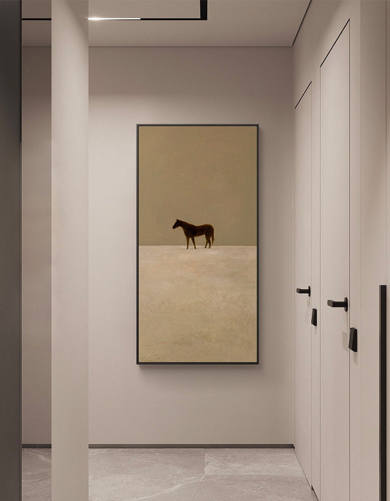 Minimalist Neutral Horse Painting – Beige and Taupe Wall Art on Canvas #MM465