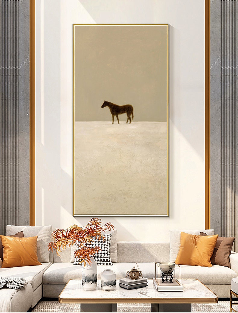 Minimalist Neutral Horse Painting – Beige and Taupe Wall Art on Canvas #MM465
