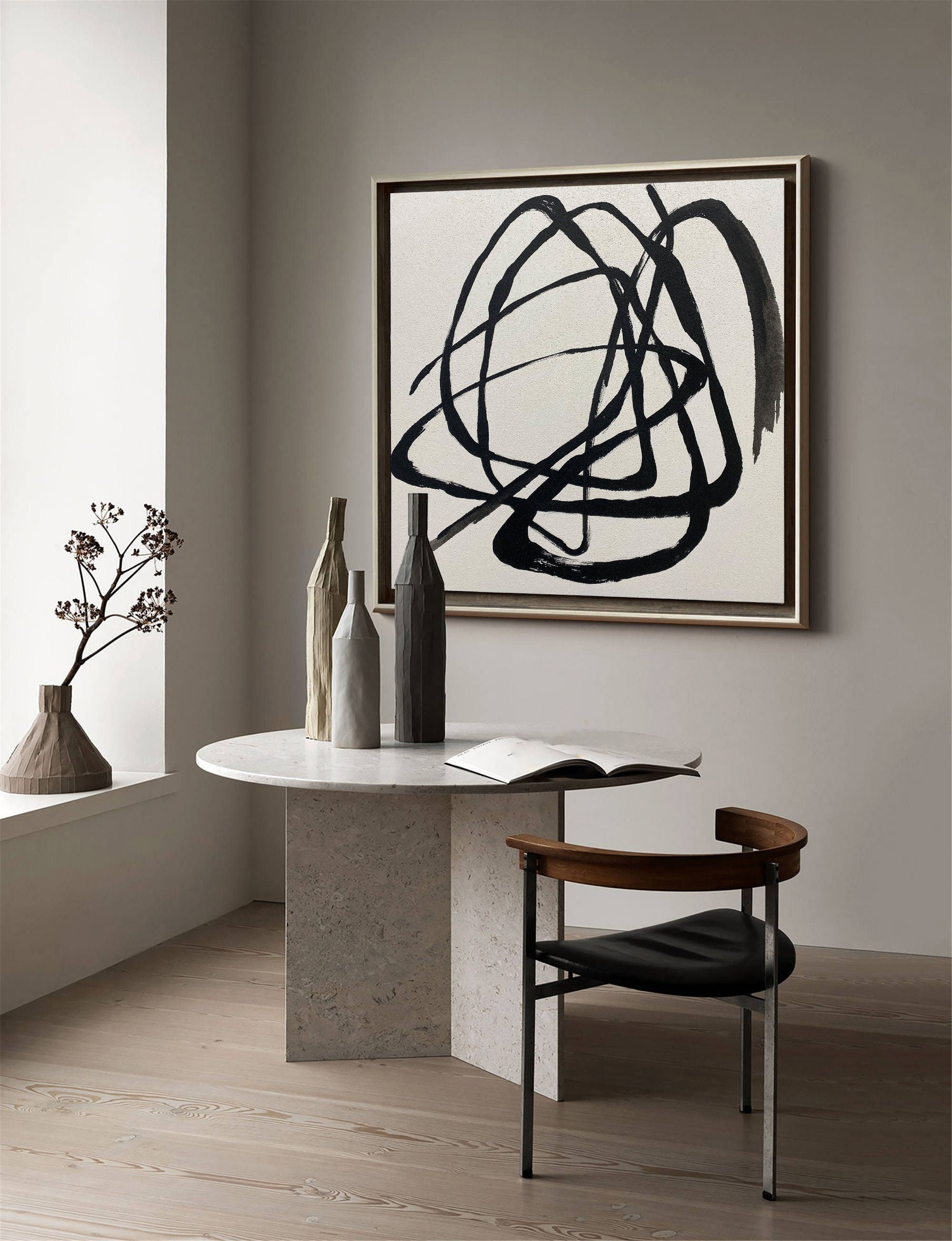 Ink Reverie: Minimalist Black Abstract, Expressive Strokes Art #MM460