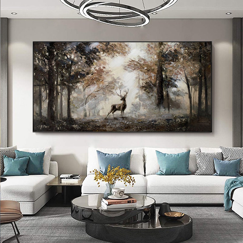 غزال هادئ في منظر طبيعي للغابة، لوحة زيتية طبيعية جميلة على القماش #MM302