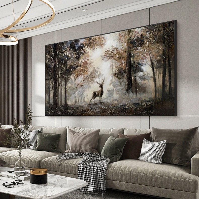 غزال هادئ في منظر طبيعي للغابة، لوحة زيتية طبيعية جميلة على القماش #MM302