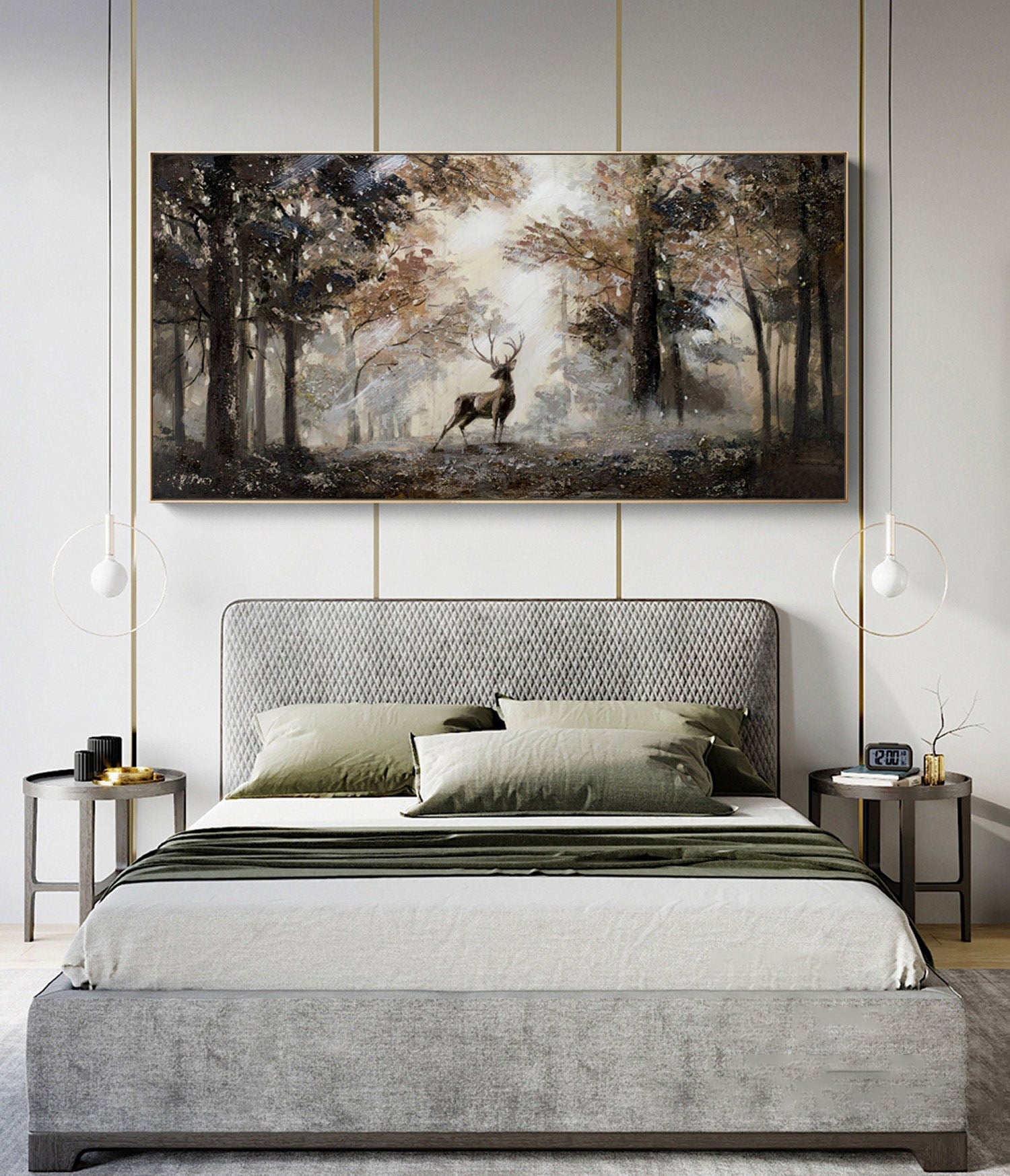 غزال هادئ في منظر طبيعي للغابة، لوحة زيتية طبيعية جميلة على القماش #MM302