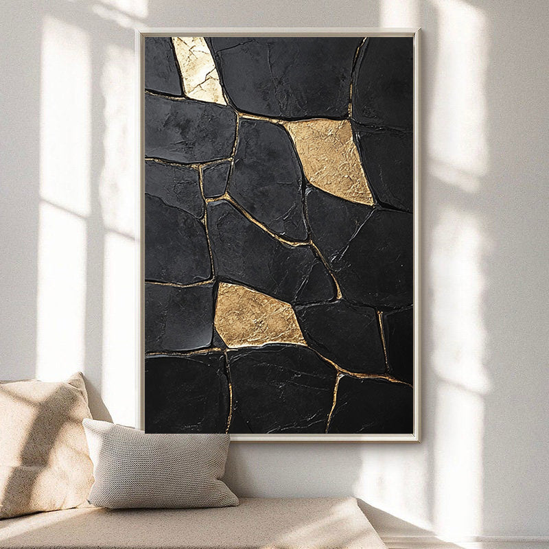 Shadow Mosaic: Large Modern Abstract with Textured Gold Shapes #MM552