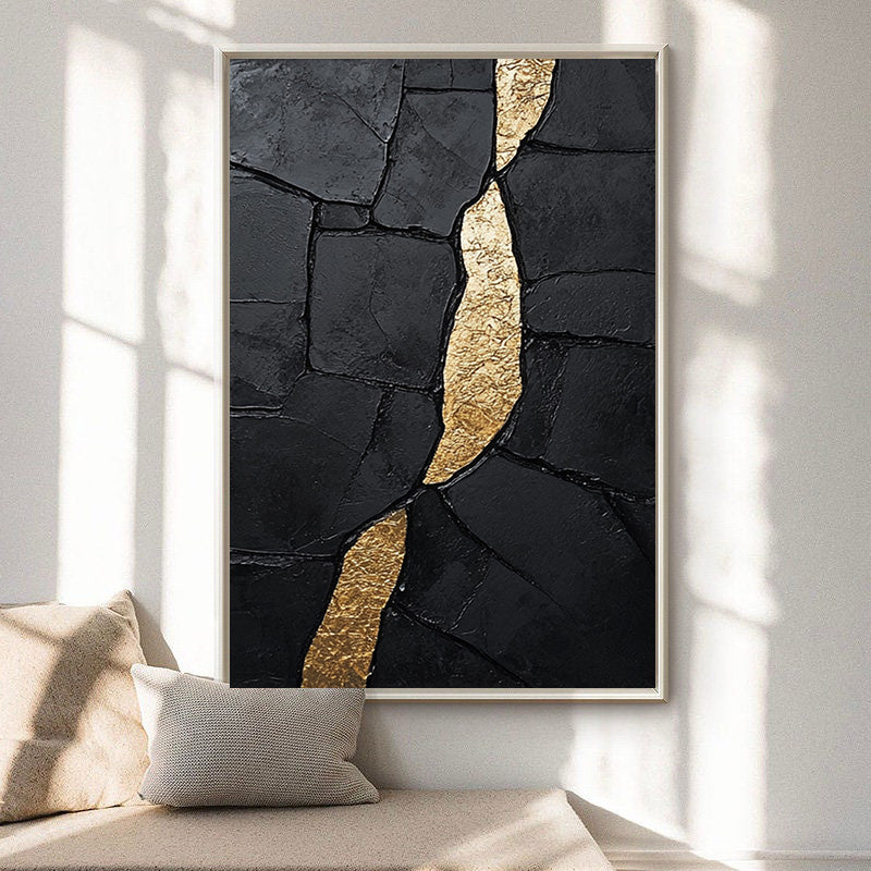 Golden Fault Line:Textured Black Abstract with Gold Cleft #MM555