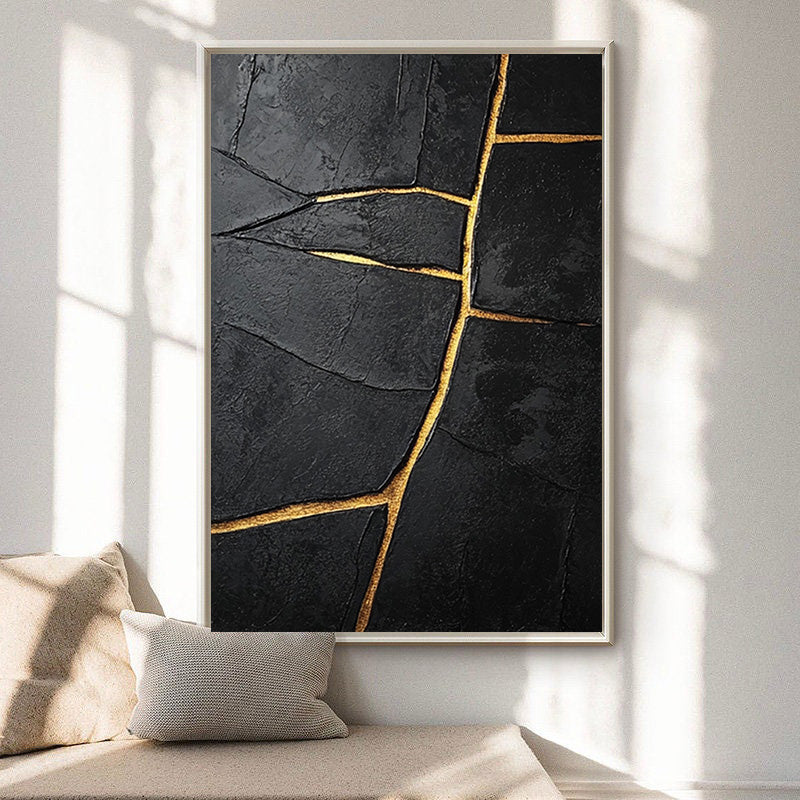 Gilded Divide:Textured Black Abstract with Linear Gold Inlays #MM550