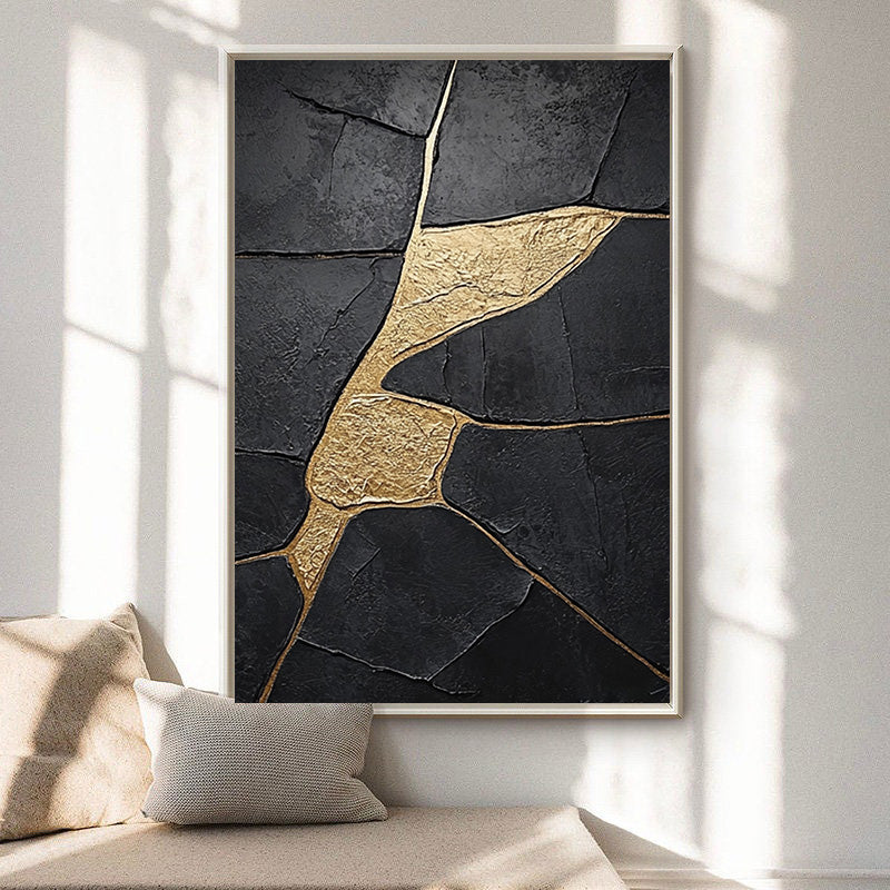 Molten Shadow:Black Impasto with Flowing Organic Gold Veins #MM554