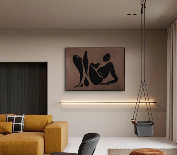 Black Abstract Nude Painting – Modern Female Figure Wall Art for Bedroom or Living Room#MM474