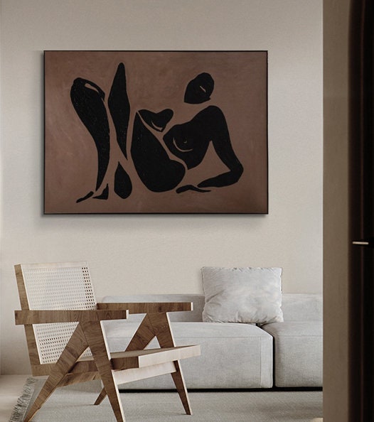 Black Abstract Nude Painting – Modern Female Figure Wall Art for Bedroom or Living Room#MM474