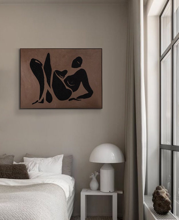 Black Abstract Nude Painting – Modern Female Figure Wall Art for Bedroom or Living Room#MM474