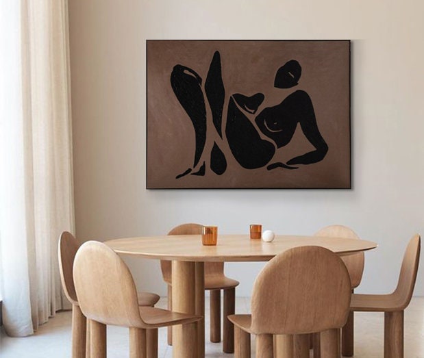 Black Abstract Nude Painting – Modern Female Figure Wall Art for Bedroom or Living Room#MM474