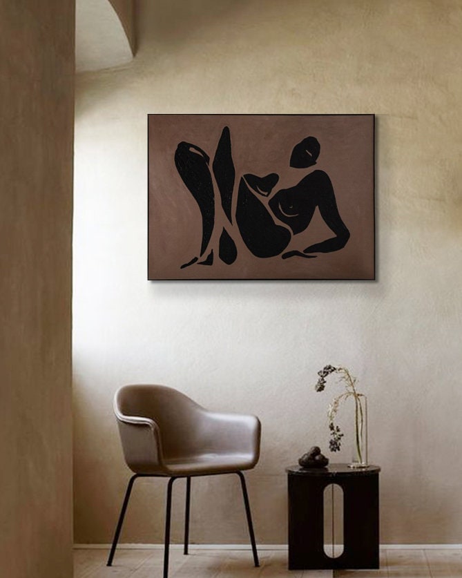 Black Abstract Nude Painting – Modern Female Figure Wall Art for Bedroom or Living Room#MM474