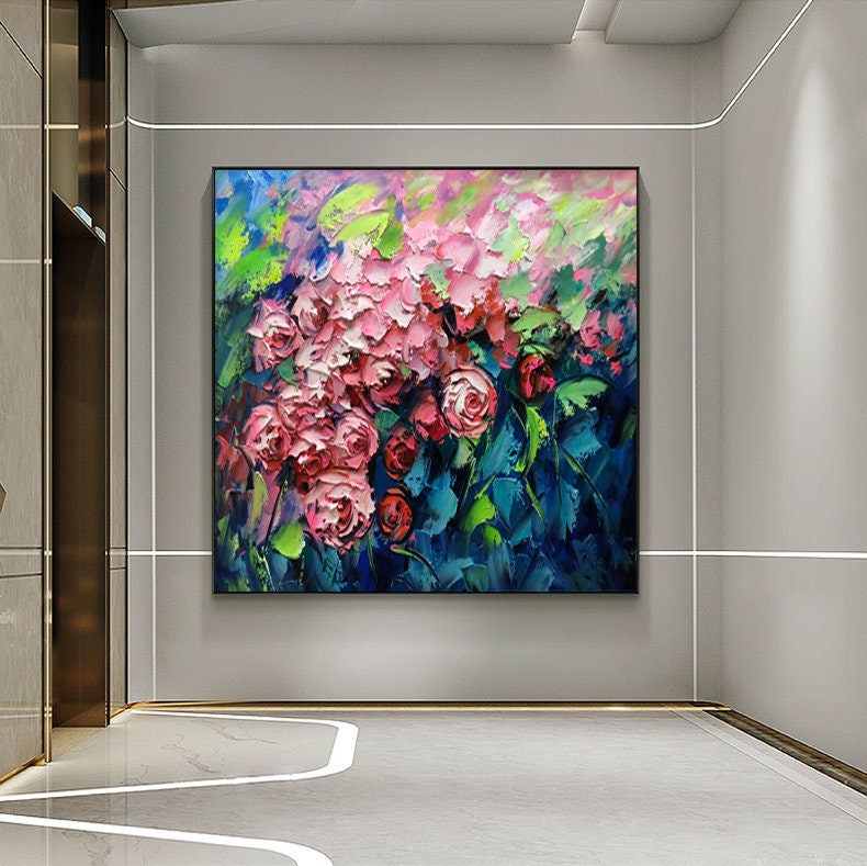 Textured Pink Roses Oil Painting: Floral Art for Modern Home Decor #MM492