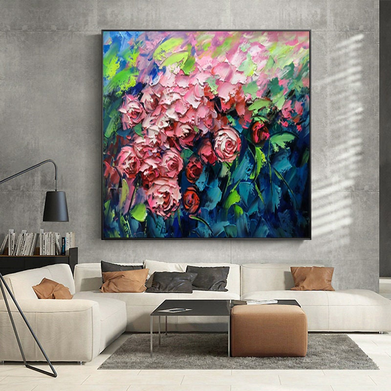 Textured Pink Roses Oil Painting: Floral Art for Modern Home Decor #MM492