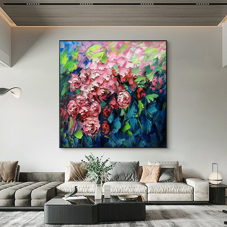 Textured Pink Roses Oil Painting: Floral Art for Modern Home Decor #MM492