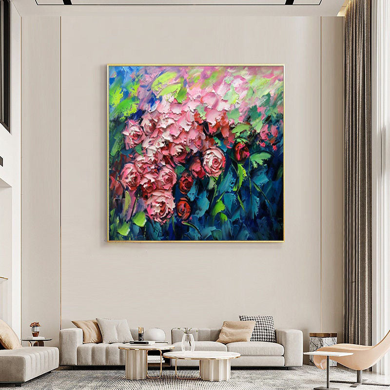 Textured Pink Roses Oil Painting: Floral Art for Modern Home Decor #MM492
