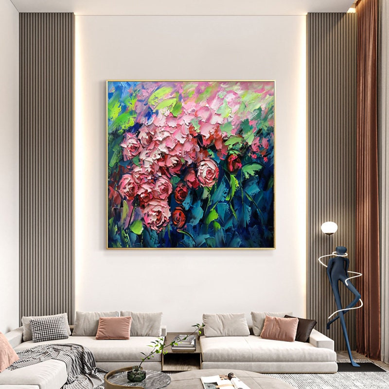 Textured Pink Roses Oil Painting: Floral Art for Modern Home Decor #MM492