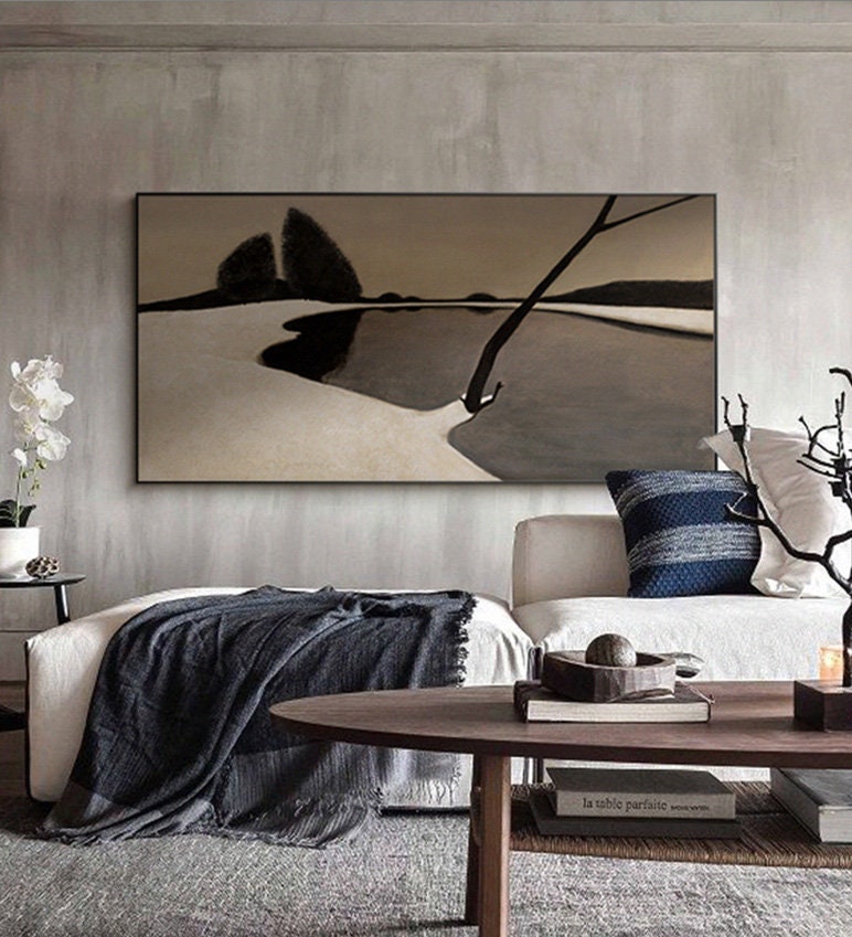 Silent Shore: Beige & Black Abstract Landscape, Minimalist Art #MM446