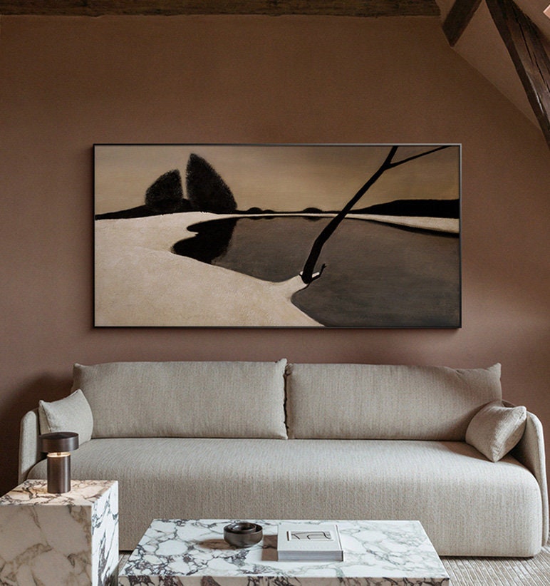 Silent Shore: Beige & Black Abstract Landscape, Minimalist Art #MM446