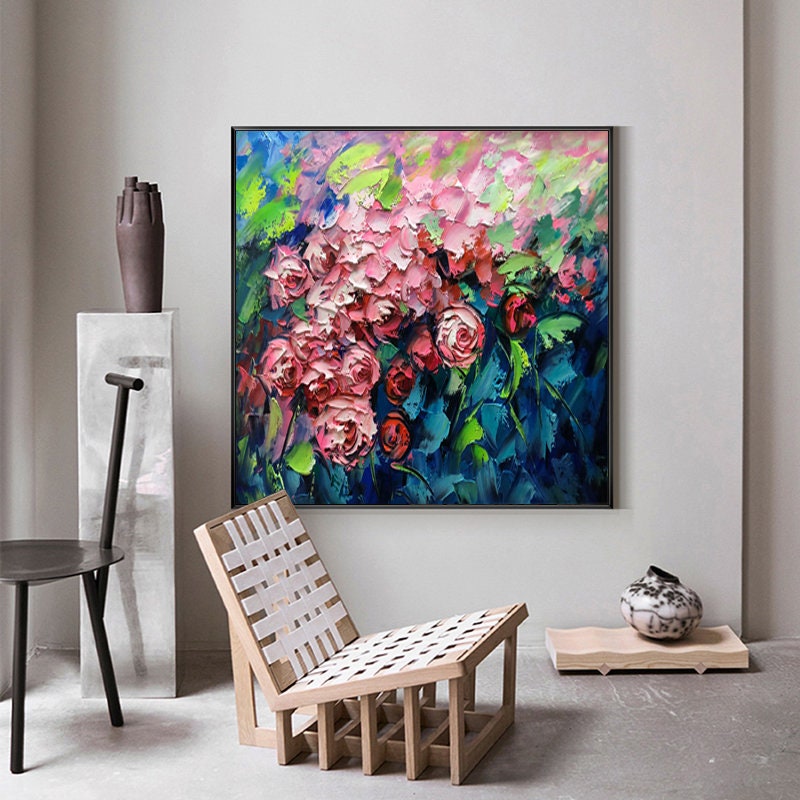 Textured Pink Roses Oil Painting: Floral Art for Modern Home Decor #MM492