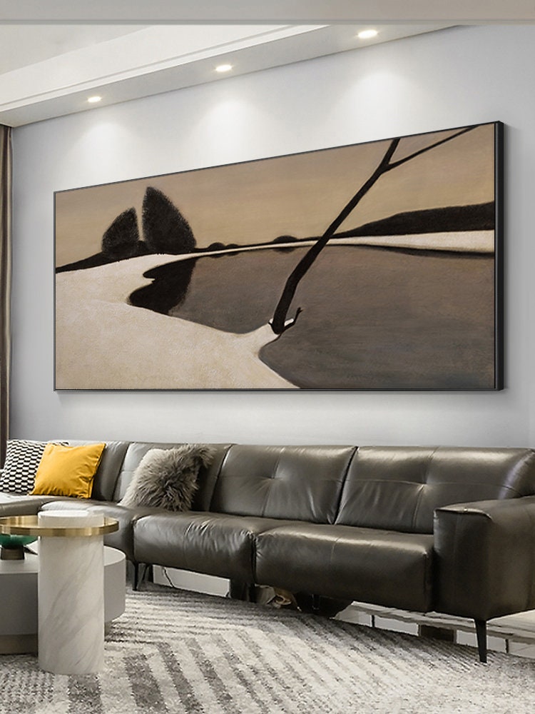 Silent Shore: Beige & Black Abstract Landscape, Minimalist Art #MM446