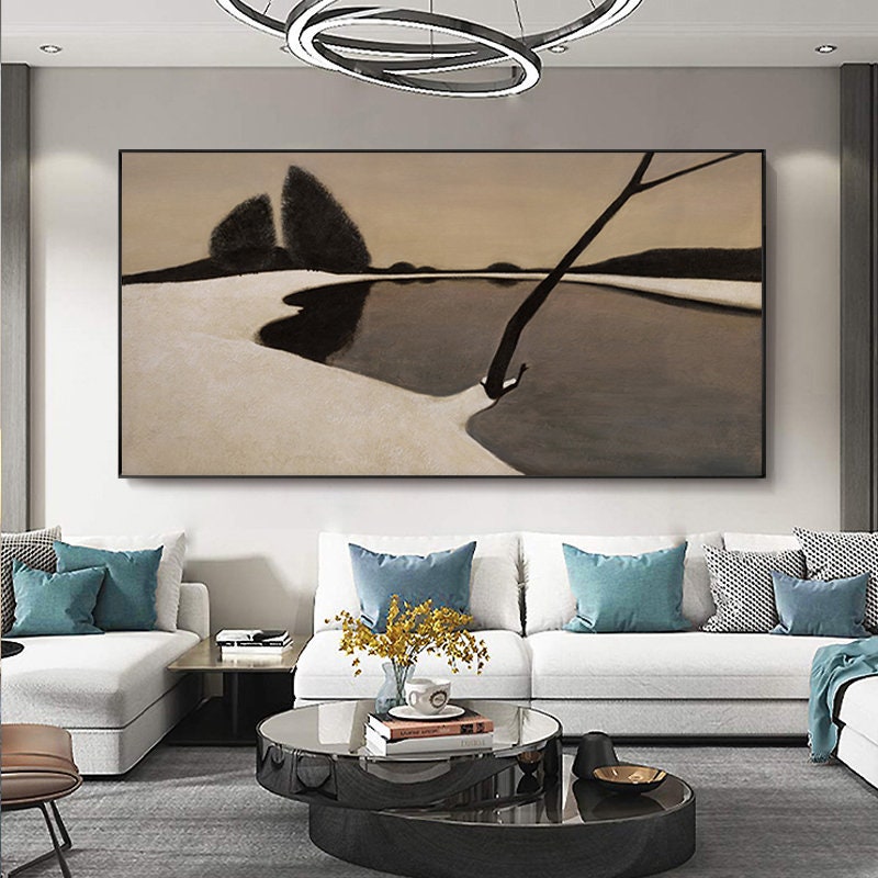 Silent Shore: Beige & Black Abstract Landscape, Minimalist Art #MM446