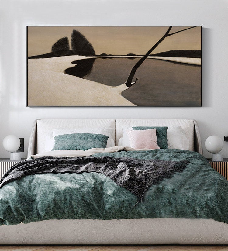 Silent Shore: Beige & Black Abstract Landscape, Minimalist Art #MM446