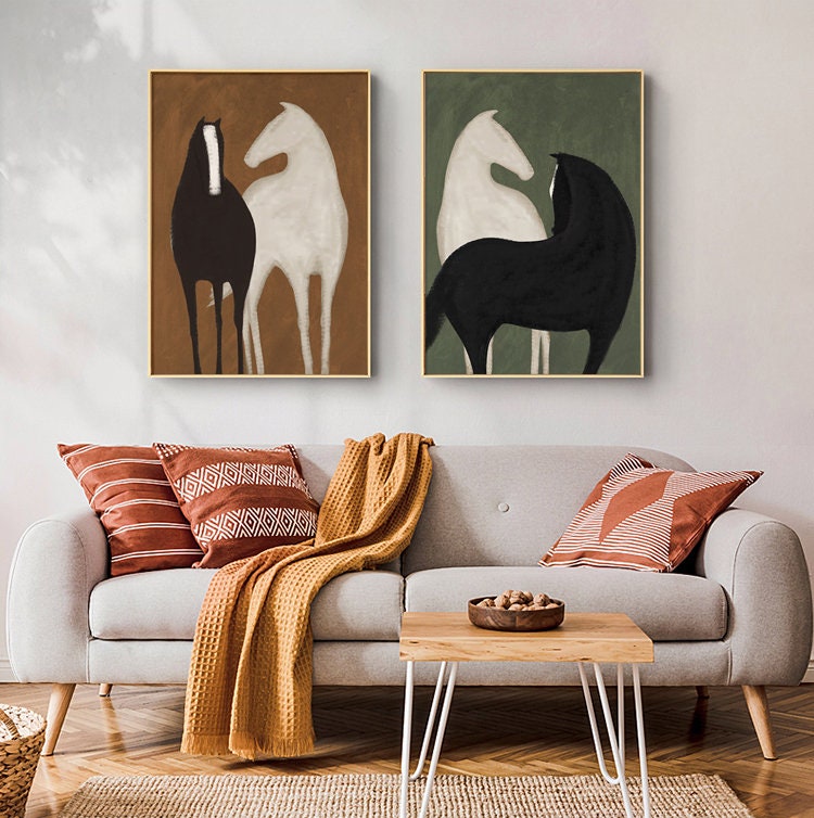 Abstract Black & White Horse, Modern Painting Set of 2 #MM305