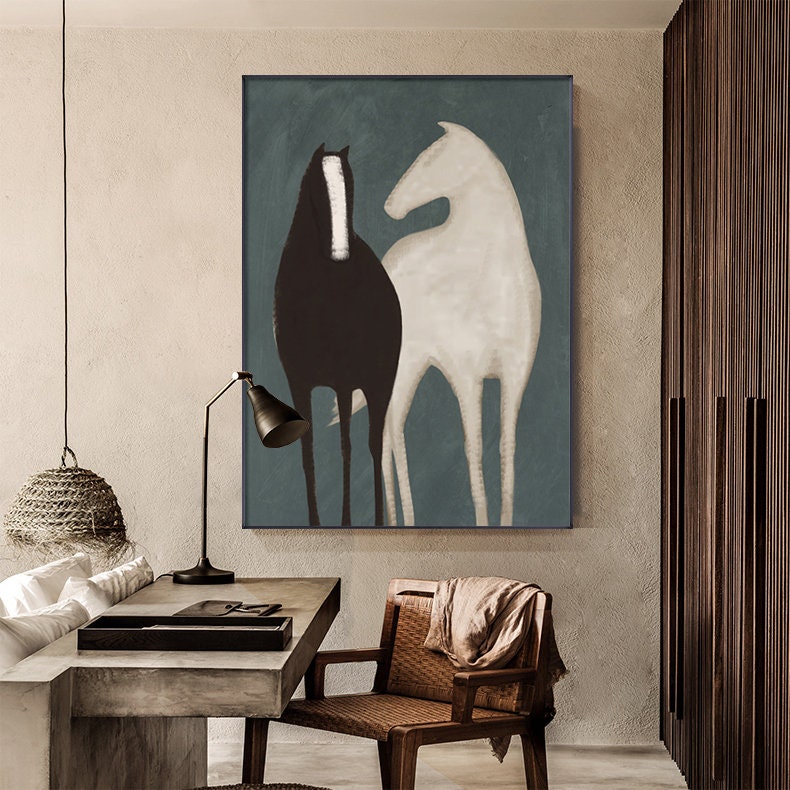 Abstract Black & White Horse, Modern Painting Set of 2 #MM305