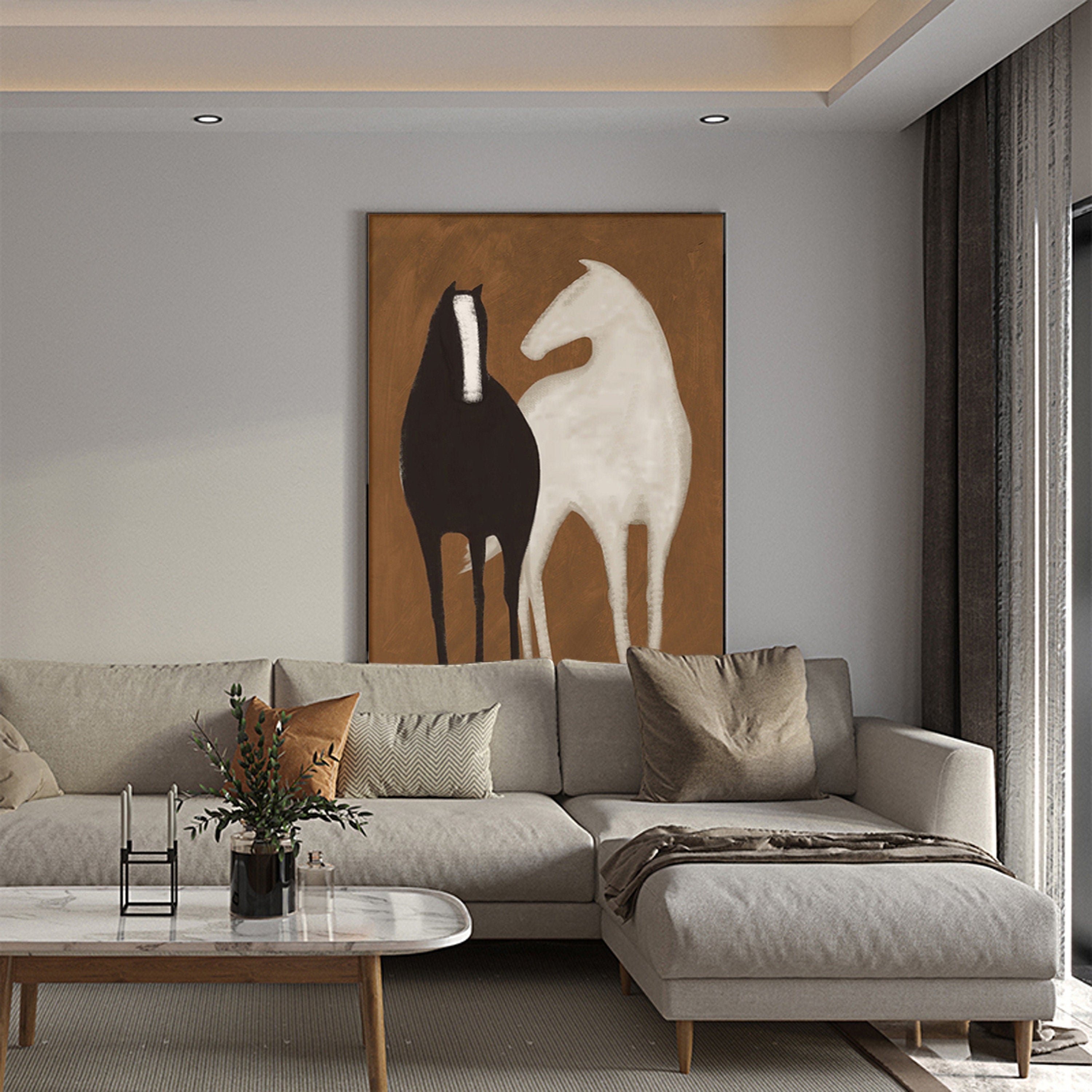 Abstract Black & White Horse, Modern Painting Set of 2 #MM305