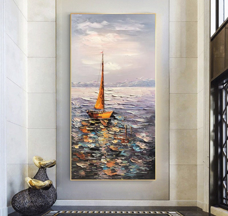Sailboat Ocean Oil Painting – Impressionist Seascape Canvas Wall Art#MM472
