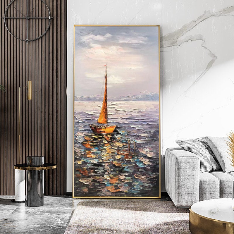 Sailboat Ocean Oil Painting – Impressionist Seascape Canvas Wall Art#MM472