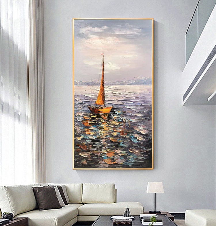 Sailboat Ocean Oil Painting – Impressionist Seascape Canvas Wall Art#MM472