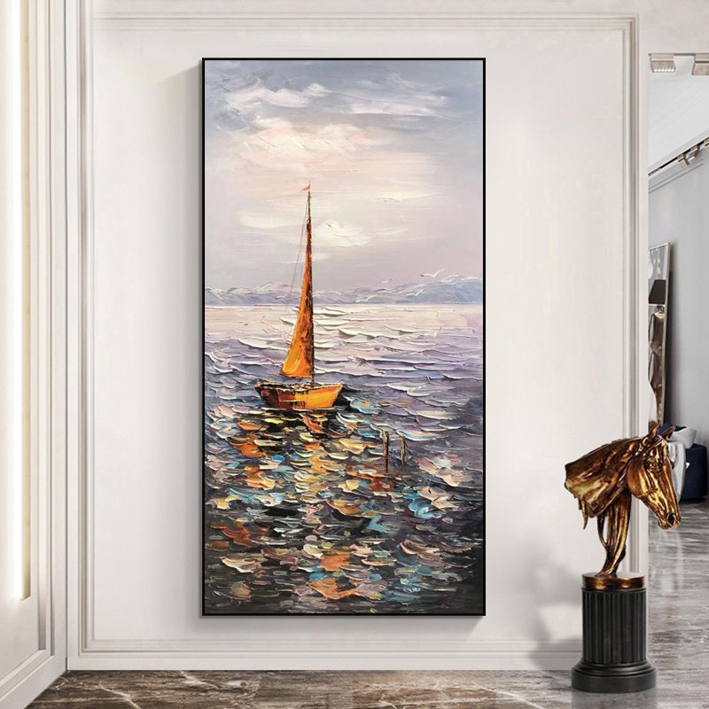 Sailboat Ocean Oil Painting – Impressionist Seascape Canvas Wall Art
