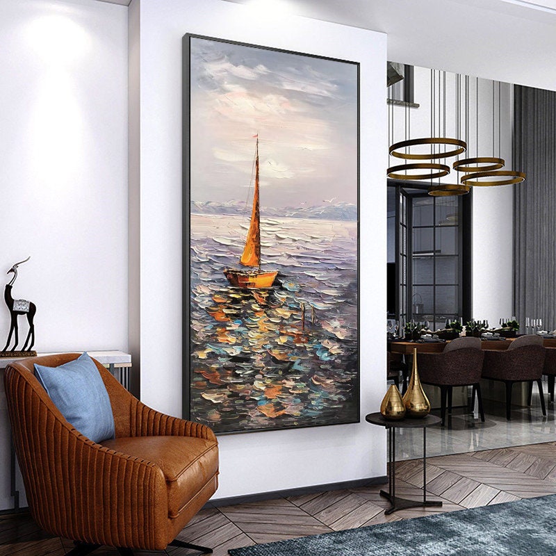 Sailboat Ocean Oil Painting – Impressionist Seascape Canvas Wall Art#MM472