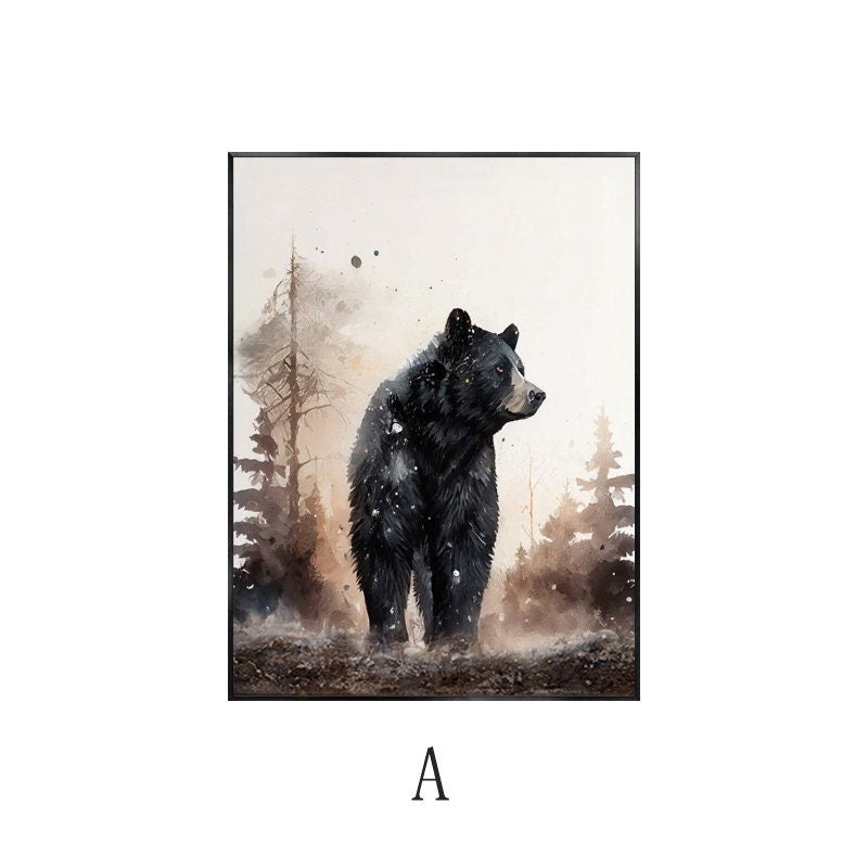 Black Bear Forest Wall Art – Rustic Animal Canvas Painting for Cabin Decor #MM464